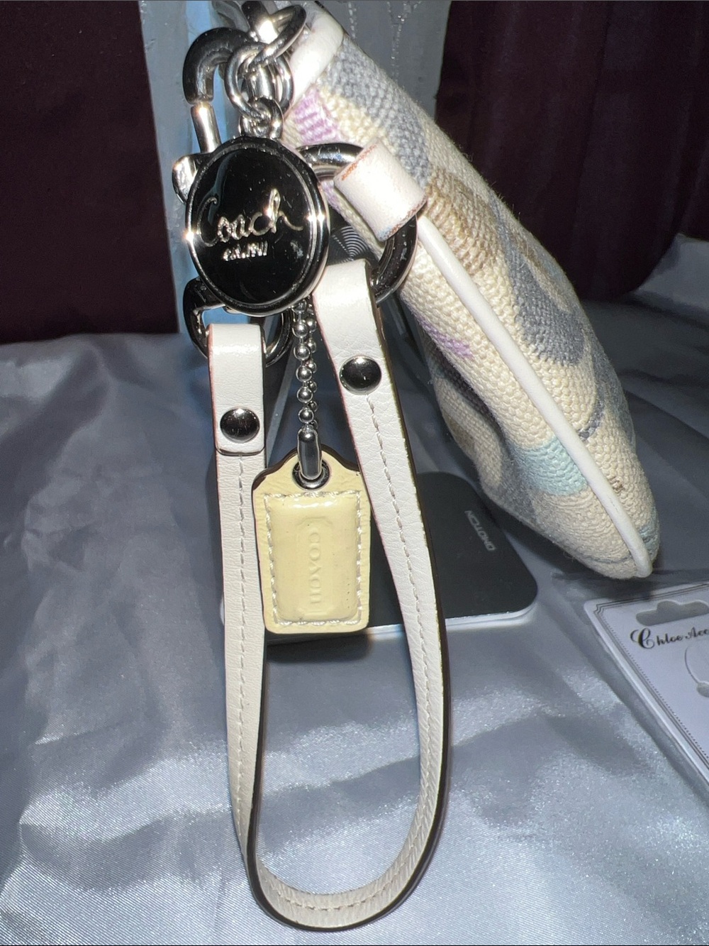Coach Beige Signature Canvas Wristlet with Pastel Blue and Lavender Accents - Picture 4 of 11